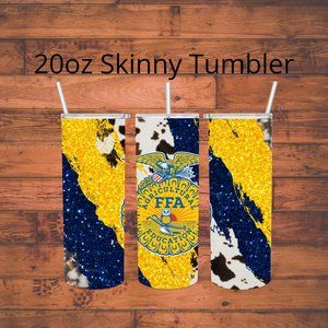 Agricultural Education Theme 20oz skinny tumbler Cow print Blue Yellow Glitter